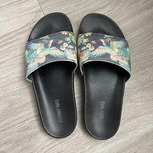 Johnny Was Black Multicolor Bird Slide Sandals